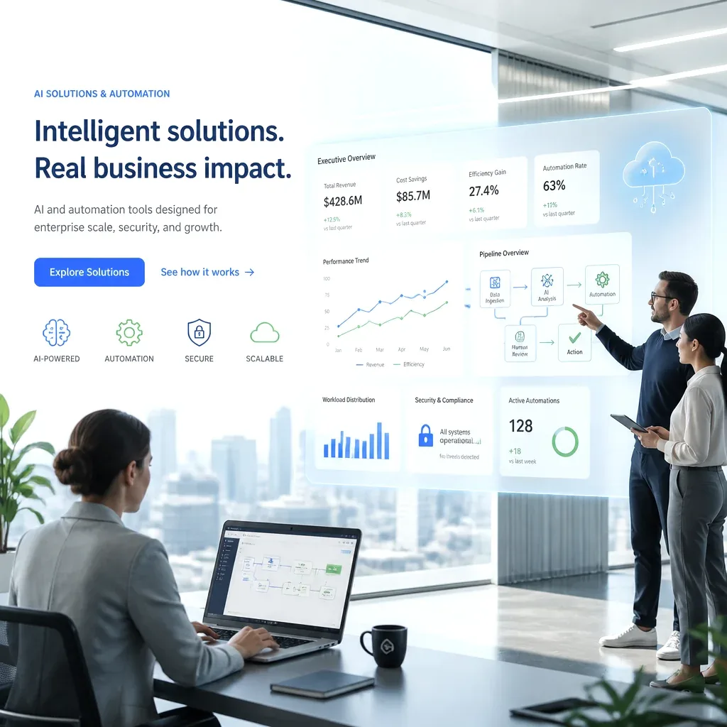Painel de soluções de inteligência artificial e automação empresarial